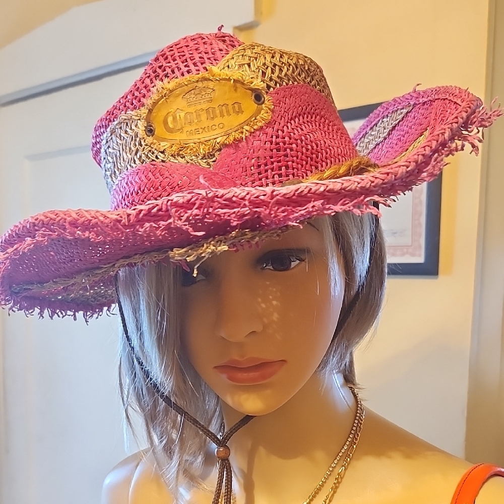 NWT Corona Vibrant Pink/Tan Hat Straw NWT Raw Hem Rare By Tonpsom Cowboy Hat